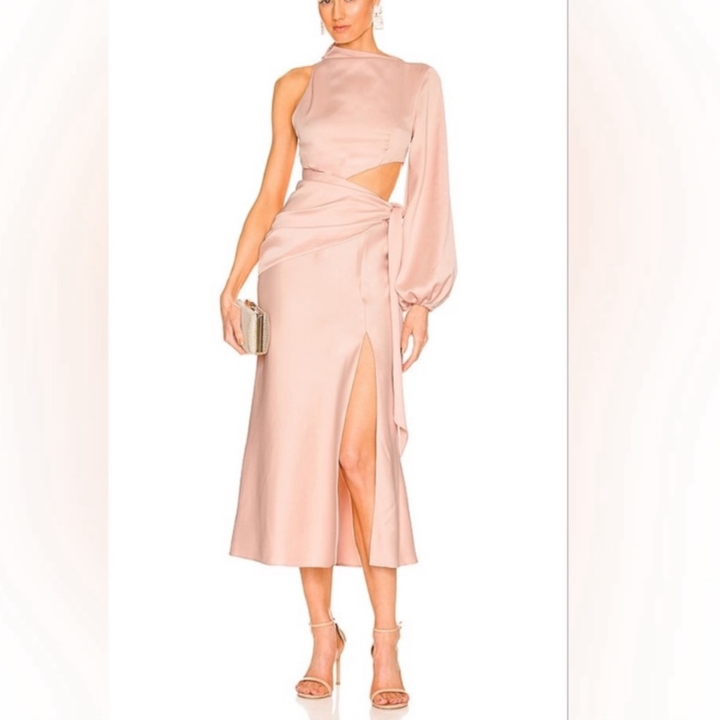 Misha Maryan Dress In Rose Cloud Cut Out Faux Wrap Tie Waist One Shoulder Satin